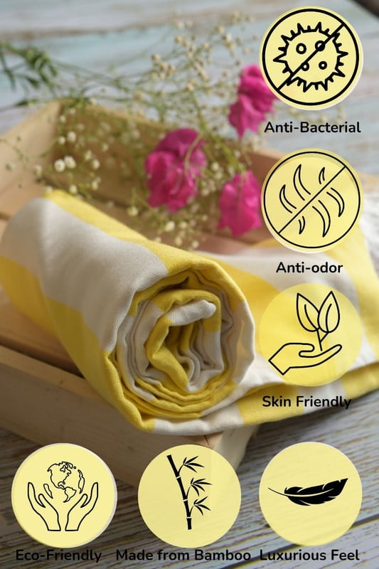 Bamboo Ultra Soft & Thin Turkish Towel- Quick Dry, Super Absorbent, Anti Bacterial, Ideal for Bath,Travel,Gym,Beach,Pool & Yoga (Sunshine Yellow)