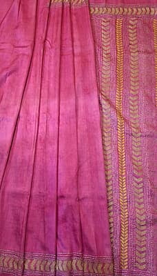 Light pink heavy work blouse piece and pallu hand kantha work saree on pure Mulberry silk