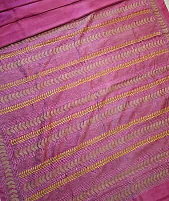 Light pink heavy work blouse piece and pallu hand kantha work saree on pure Mulberry silk