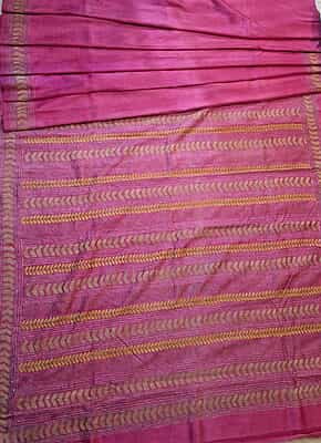 Light pink heavy work blouse piece and pallu hand kantha work saree on pure Mulberry silk