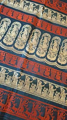 Black color pure Mulberry silk saree Baluchari saree with orange and beige ganga Jamuna border