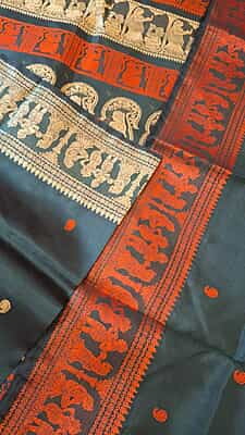 Black color pure Mulberry silk saree Baluchari saree with orange and beige ganga Jamuna border