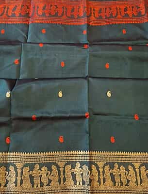 Black color pure Mulberry silk saree Baluchari saree with orange and beige ganga Jamuna border