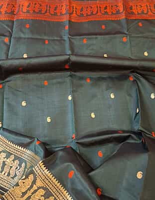 Black color pure Mulberry silk saree Baluchari saree with orange and beige ganga Jamuna border