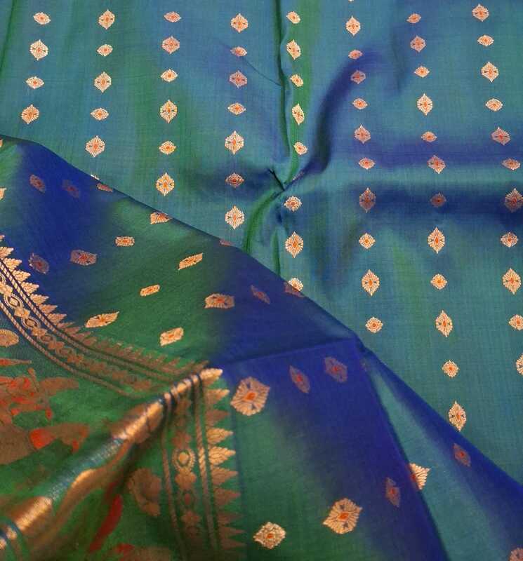 Blue green dual tone 2000 buta pure Mulberry silk swarnachari Blue green dual tone 2000 buta pure Mulberry silk swarnachari