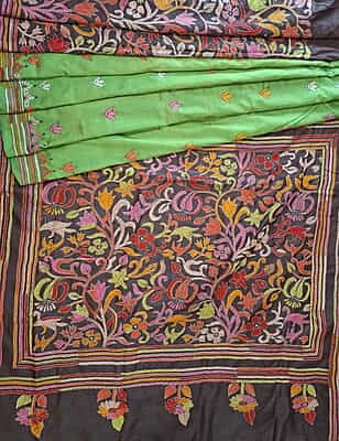 Tassar kantha Patli pallu light green