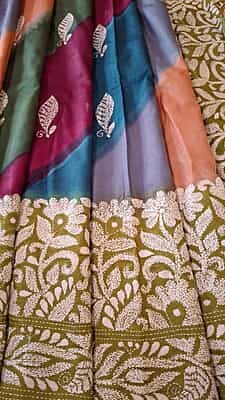 multiple color hand kantha stitch saree on pure Mulberry silk