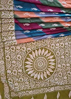 multiple color hand kantha stitch saree on pure Mulberry silk