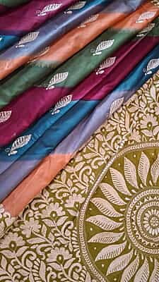 multiple color hand kantha stitch saree on pure Mulberry silk