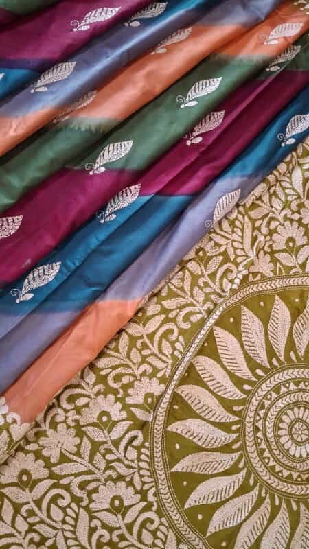 multiple color hand kantha stitch saree on pure Mulberry silk