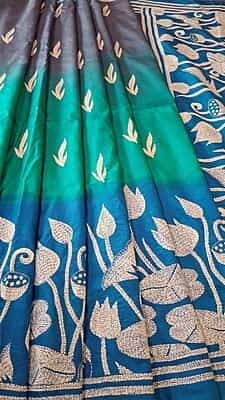 Hand kantha work pure mulberry silk saree in shades of blue