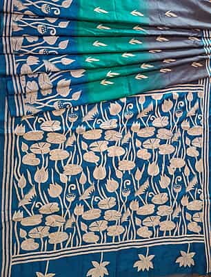 Hand kantha work pure mulberry silk saree in shades of blue