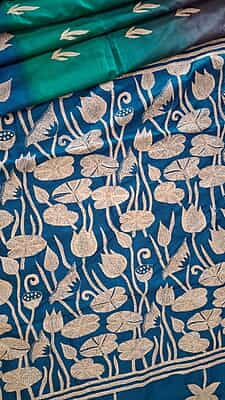 Hand kantha work pure mulberry silk saree in shades of blue