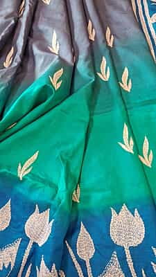 Hand kantha work pure mulberry silk saree in shades of blue