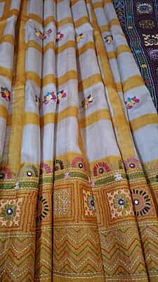 Katha stitch tassar yellow white checkered saree