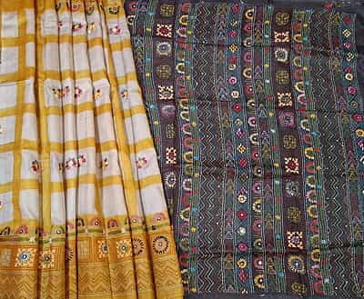 Katha stitch tassar yellow white checkered saree
