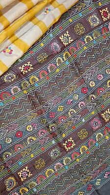 Katha stitch tassar yellow white checkered saree