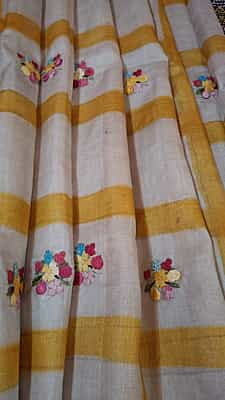 Katha stitch tassar yellow white checkered saree