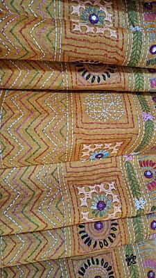 Katha stitch tassar yellow white checkered saree