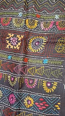 Katha stitch tassar yellow white checkered saree