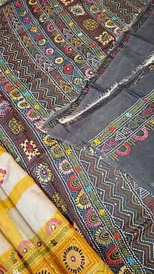 Katha stitch tassar yellow white checkered saree