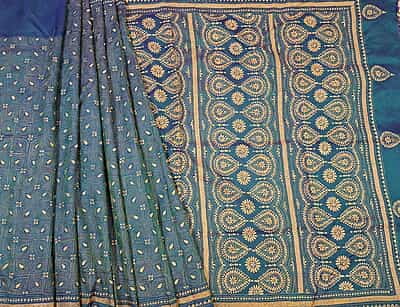 Hand kantha stitch on blue green dual tone pure Bangalore silk
