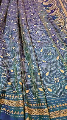 Hand kantha stitch on blue green dual tone pure Bangalore silk Hand kantha stitch on blue green dual tone pure Bangalore silk