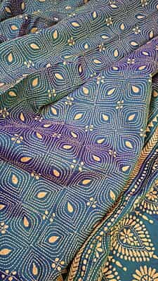 Hand kantha stitch on blue green dual tone pure Bangalore silk Hand kantha stitch on blue green dual tone pure Bangalore silk