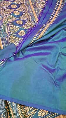Hand kantha stitch on blue green dual tone pure Bangalore silk Hand kantha stitch on blue green dual tone pure Bangalore silk