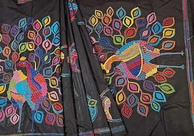 Black multiple color hand kantha stitch saree
