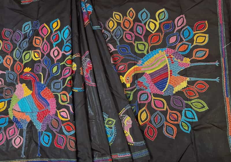 Black multiple color hand kantha stitch saree