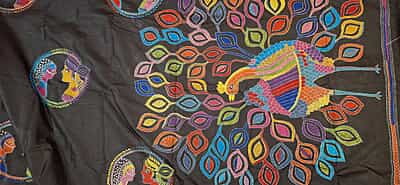 Black multiple color hand kantha stitch saree