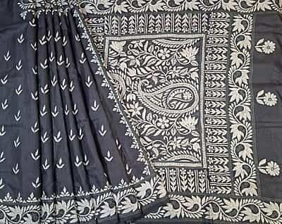 Grey color hand kantha work pure Bangalore silk Swarnachari saree