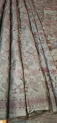 Grey color hand Kantha stitch tassar saree