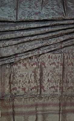 Grey color hand Kantha stitch tassar saree