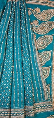 Sky blue color hand kantha work saree on pure Bangalore silk