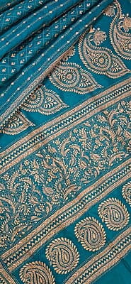 Sky blue color hand kantha work saree on pure Bangalore silk