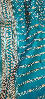 Sky blue color hand kantha work saree on pure Bangalore silk
