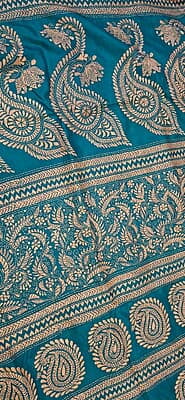Sky blue color hand kantha work saree on pure Bangalore silk