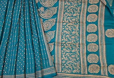 Sky blue color hand kantha work saree on pure Bangalore silk