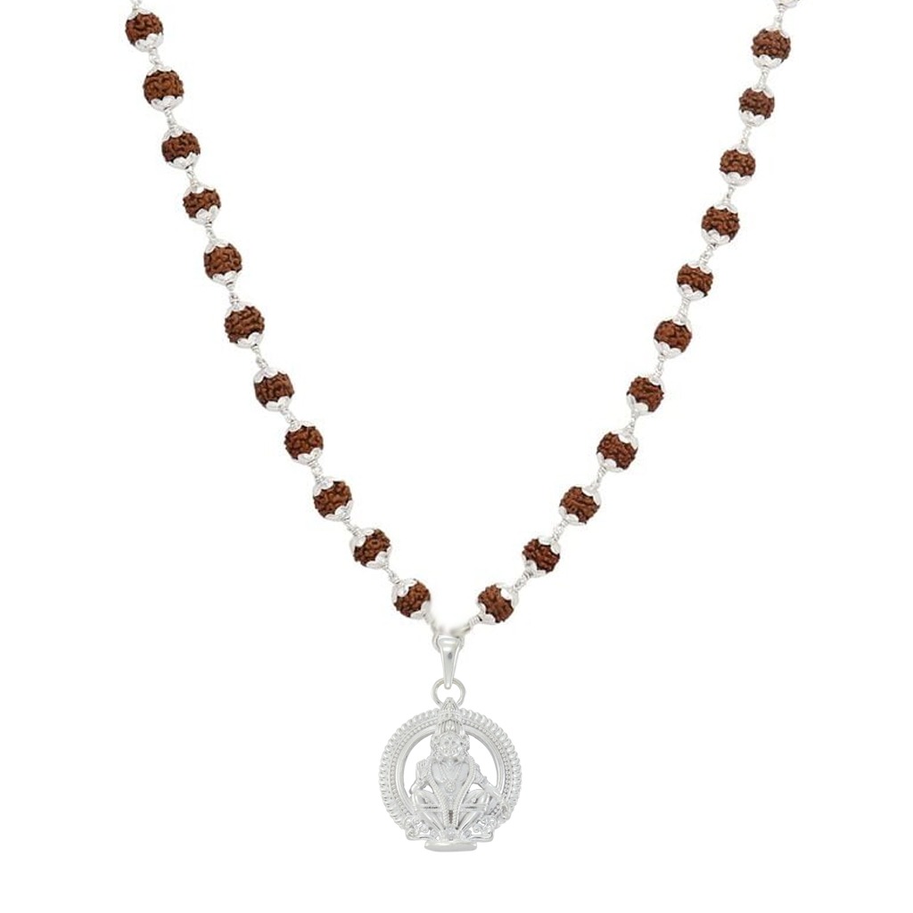 SRIMATHI JEWELLERS  925 silver ayyappan pendant 925 Silver Caped Rudraksha Mala 8mm,54 Beads, 30 Inchs