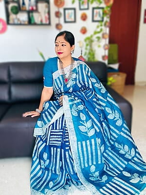 Cerulean blue color hand batik Mulberry silk saree from our Mystic Radiance collection