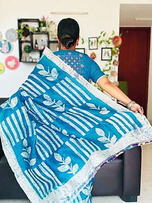 Cerulean blue color hand batik Mulberry silk saree from our Mystic Radiance collection