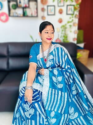 Cerulean blue color hand batik Mulberry silk saree from our Mystic Radiance collection