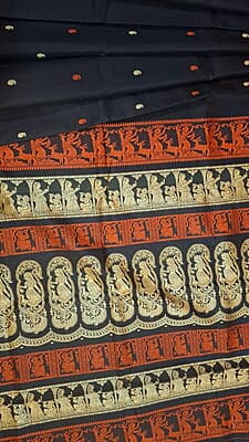 Black color pure Mulberry silk saree Baluchari saree with orange and beige ganga Jamuna border
