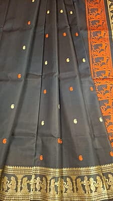Black color pure Mulberry silk saree Baluchari saree with orange and beige ganga Jamuna border
