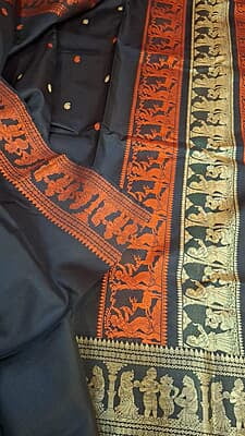 Black color pure Mulberry silk saree Baluchari saree with orange and beige ganga Jamuna border