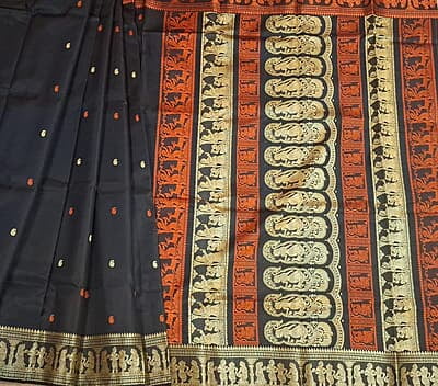 Black color pure Mulberry silk saree Baluchari saree with orange and beige ganga Jamuna border
