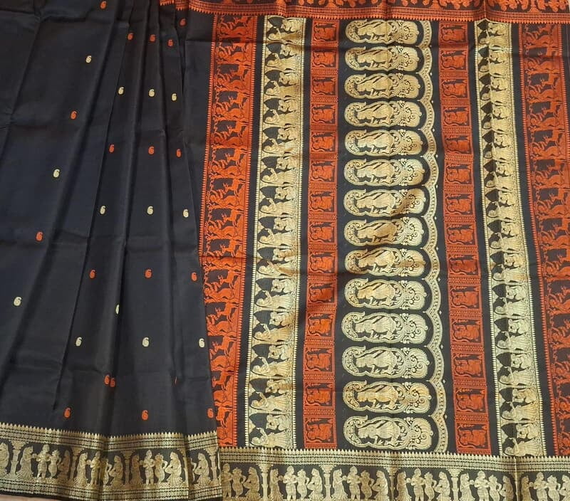 Black color pure Mulberry silk saree Baluchari saree with orange and beige ganga Jamuna border
