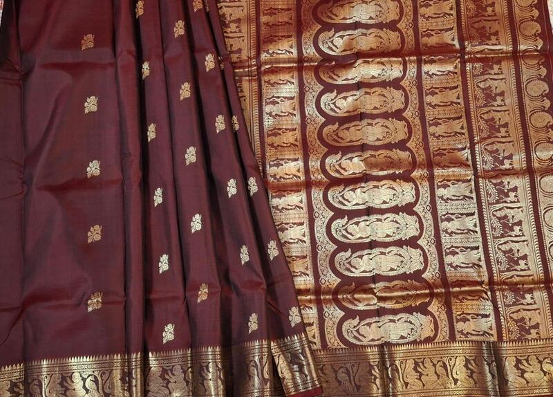 Chocolate color Swarnachari saree on pure Mulberry silk